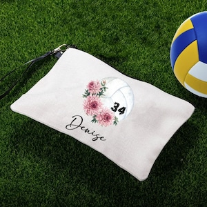 Custom Volleyball Linen Washbag | Birth Flower and Number Volleyball Cosmetic Bag | Ideal Gift for Coaches, Moms & Players
