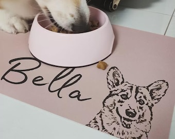 Custom Pet Portrait Food Mat with Name, Personalized Dog or Cat Feeding Mat, Waterproof Placemat Gift for Pet Owners