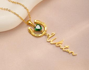 ハートの誕生石付きカスタムネームホースシューネックレス、乗馬/馬術のパーソナライズネームネックレス、彼女への幸運のホースシュージュエリー