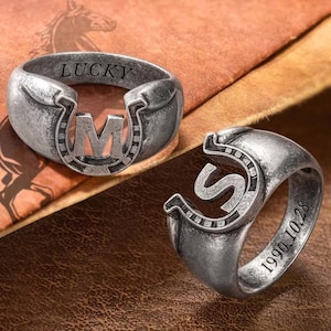Anillo de herradura con grabado interior personalizado y letra, estilo vintage, estilo vaquero antiguo, para hombre.
