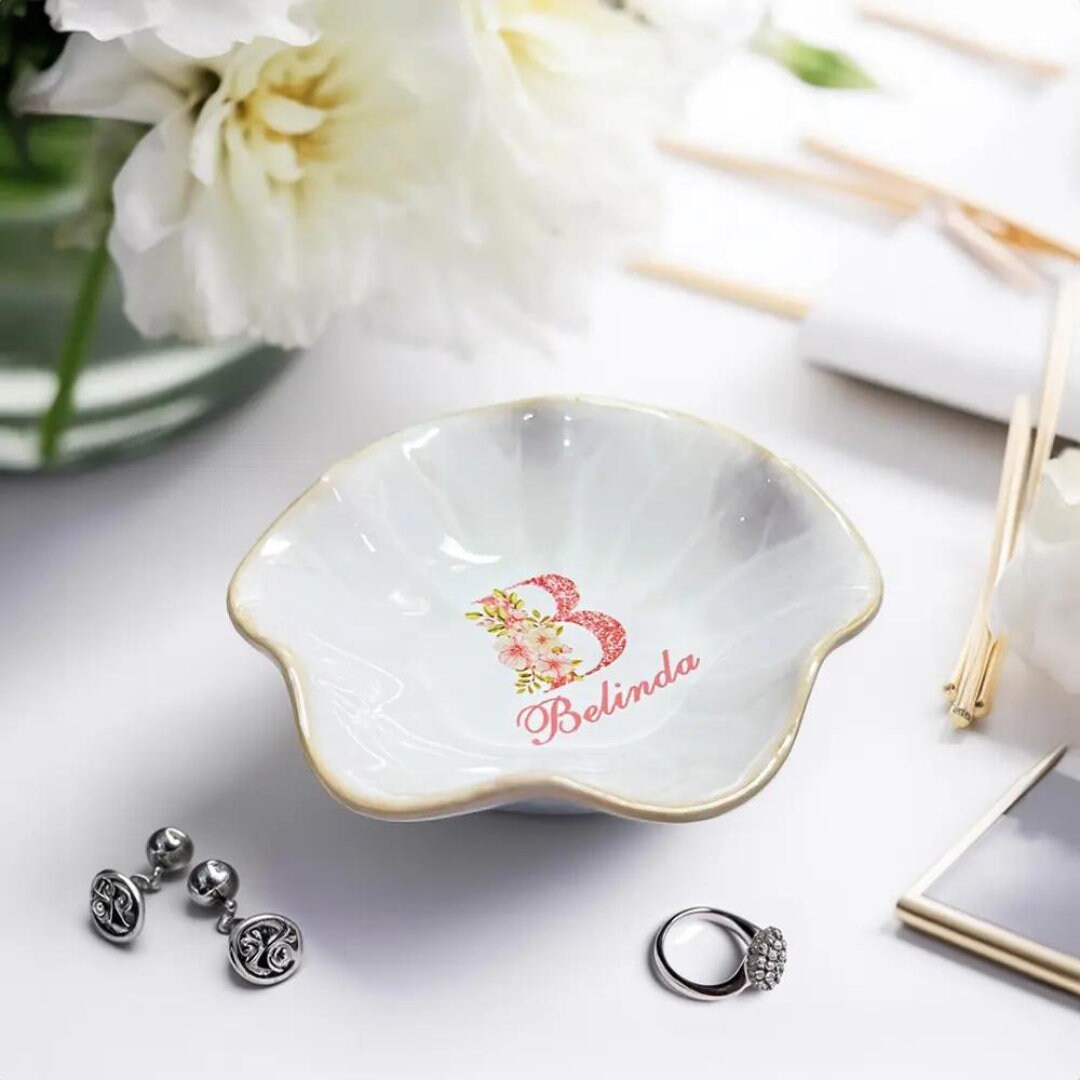 Ceramic Initials Jewelry Tray Ring Dish With Personalized A-Monogrammed