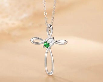 Custom Family Birthstone Cross Necklace in 925 Sterling Silver, Symbolic Family Birthstone Necklace in Cross for Christian, Religious Gifts