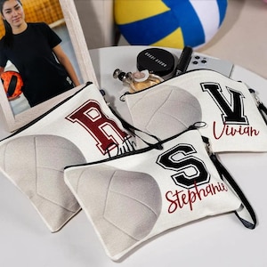 Volleyball Makeup Bag | Custom Name Linen Zip Pouch | Personalized Volleyball Player Gift | Washbag for Players