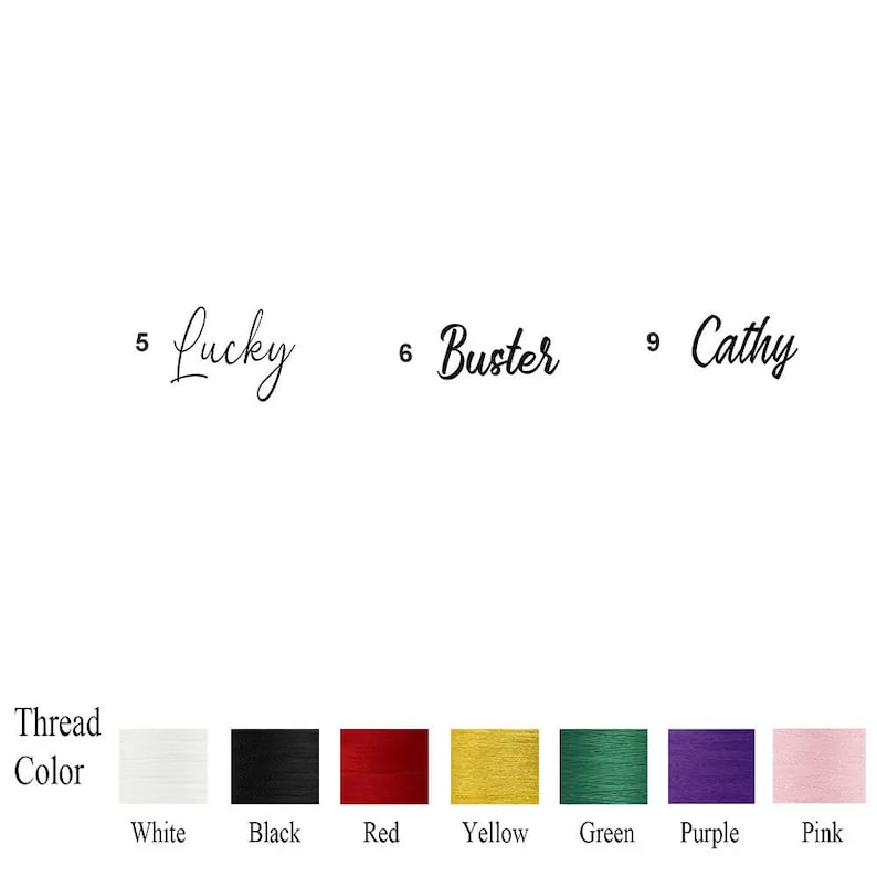 May include: A white, black, red, yellow, green, purple, and pink thread color chart with the names of each color listed below. The numbers 5, 6, and 9 are written above the words "Lucky", "Buster", and "Cathy" respectively.