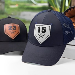 Personalized Player Number Baseball Hat, Custom Leather Patch Baseball Player Number Hat, Baseball/Softball Unisex Cap, Baseball Team Gifts