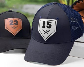 Personalized Player Number Baseball Hat, Custom Leather Patch Baseball Player Number Hat, Baseball/Softball Unisex Cap, Baseball Team Gifts