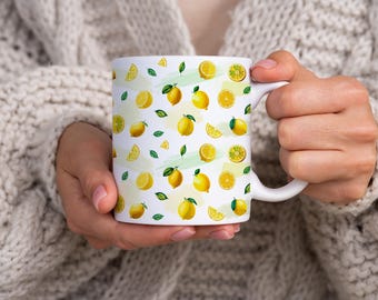 Zitronen-Druck 11 Unzen Keramikbecher - Aquarell Zitronen-Trinkgeschirr, Sommer-Obst-Liebhaber-Geschenk & Zitronenfächer-Küchendekor