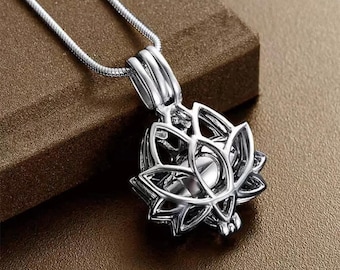 Custom Engraving Lotus Locket Cremation Urn Necklace for Ashes, Opening Lotus Locket with Mini Urn Inside, Remeberance/Bereavement Necklace