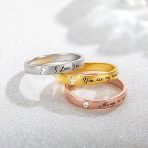 Personalized Wedding Rings Set of 2, His and Hers Engraved Couple Bands, Custom Text Promise Ring, Matching Engagement Bands with Zircon