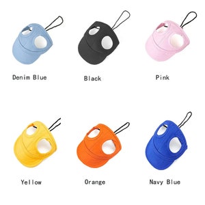 May include: Six different colored dog hats with adjustable straps. The hats are denim blue, black, pink, yellow, orange, and navy blue.