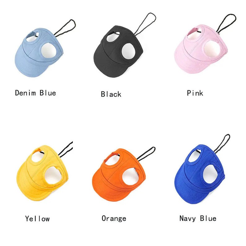 May include: Six different colored dog hats with adjustable straps. The hats are denim blue, black, pink, yellow, orange, and navy blue.