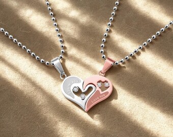 PiercingJak Lot De 2 Colliers Cœur Couple Puzzle Séparable - Pendentifs Gravés Personnalisés Acier Inoxydable, Cadeau Amour Saint-Valentin