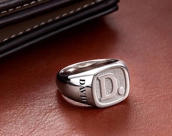 Customized Square Unisex Initial Signet Ring, 925 Sterling Silver