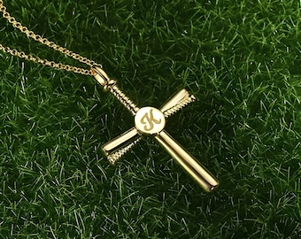 Personalized Initial Baseball Bat Cross Necklace in 925 Sterling Silver, Necklace for Christian Baseball Player, Religious Sports Jewelry