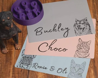 Custom Pet Portrait Food Mat with Name, Personalized Dog or Cat Feeding Mat, Waterproof Placemat Gift for Pet Owners