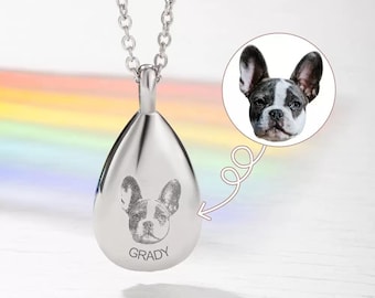 Custom Pet Portrait Tear Drop Urn Necklace, Teardrop Creamtion Ashes Urn Necklace with Name for Pet Loss, Pet Memorial Personalized Jewelry