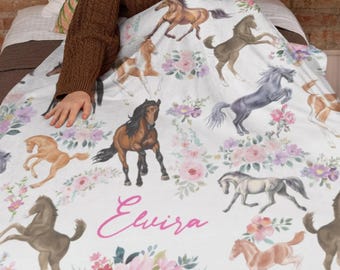 Manta floral personalizada para caballos con nombre, suave y personalizada de franela para cama o sofá, regalo para amantes de los caballos, niños, cumpleaños, baby shower