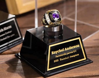 Custom Engraved Championship Ring Display Case for Football, Baseball & Softball Rings - Acrylic Box for Champsionship Ring Keepsakes