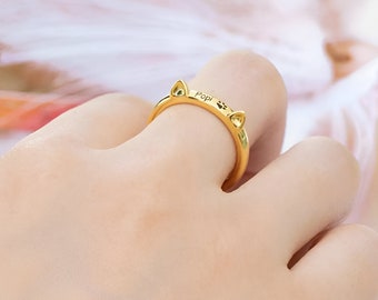 Customized Cat Ears + Paw Adjustable Ring w Name Engraving, Gift for Cat Lovers/Cat Owners, Pet Memorial Ring, Dainty Cat Jewelry