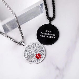 Collier d&#39;alerte médicale personnalisé, collier d&#39;arbre généalogique en acier inoxydable avec collier d&#39;identification médicale gravé, collier d&#39;alerte d&#39;état de santé