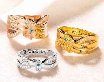 Anillo personalizado con nombre familiar y piedras de nacimiento, regalo de joyería para el Día de la Madre con grabado personalizado, anillos con nombres de varios niños grabados