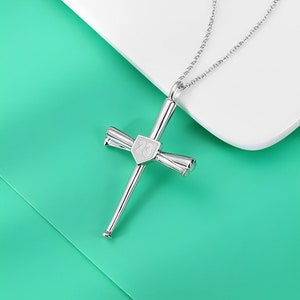 Engraved Initial/Number Baseball Bat Cross Necklace in 925 Sterling Silver, Necklace for Christian Baseball Player, Religious Sports Jewelry