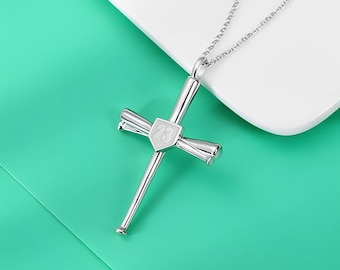 Engraved Initial/Number Baseball Bat Cross Necklace in 925 Sterling Silver,  Necklace for Christian Baseball Player, Religious Sports Jewelry