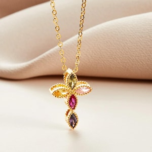 Personalized Birthstone Cross Necklace - Sterling Silver Jewelry for Women, Perfect Baptism, Christening & Communion Gift