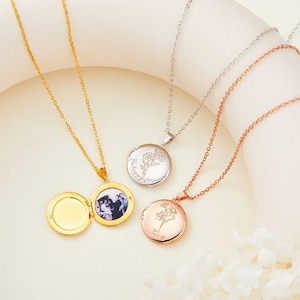 Custom Birth Flower Photo Locket Necklace, Engraved Name Memorial Jewelry, Mother&#39;s Day Gift for Mom/Grandma/Family, Floral Photo Locket