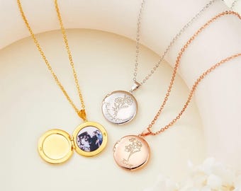 Custom Birth Flower Photo Locket Necklace, Engraved Name Memorial Jewelry, Mother's Day Gift for Mom/Grandma/Family, Floral Photo Locket