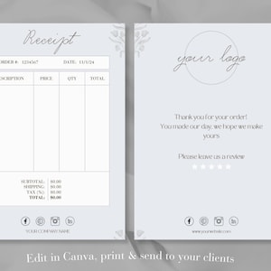 Blue Receipt Template Printable Thank You Template Download Small Business Receipt Editable Canva Template Digital Download