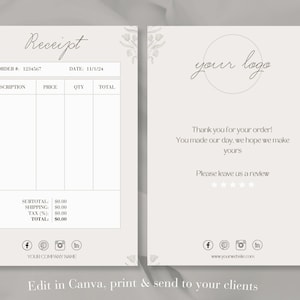 Neutral Receipt Template Printable Thank You Template Download Small Business Receipt Editable Canva Template Digital Download