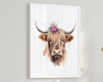 Highland Cow With Flower Crown Wall Poster, Flower Cow Print For Nursery Decor Artful Downloadable Decoration, Cute Animal Boho Nautical H1D