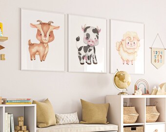 Farm Animal Nursery Prints, Set of 3 Watercolor, Cute Cow Goat Sheep Posters, Digital Instant Download Unisex Wall Art For Baby Boy Decor F2