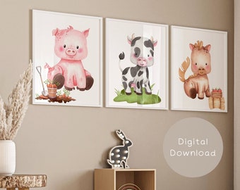 Farm Animal Nursery Prints, Set of 3 Watercolor, Barnyard Cow Pig Horse Posters, Digital Download Cute Unisex Wall Art For Baby Boy Decor F4