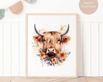 Highland Cow With Flower Crown Wall Poster, Flower Cow Print For Nursery Decor Artful Downloadable Decoration, Cute Animal Boho Nautical H1G