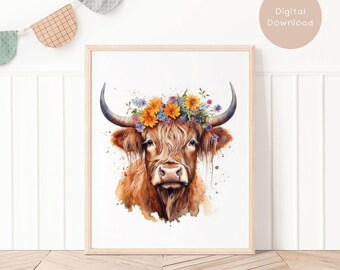 Highland Cow With Flower Crown Wall Poster, Flower Cow Print For Nursery Decor Artful Downloadable Decoration, Cute Animal Boho Nautical H1E