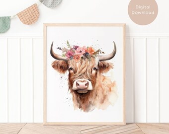 Highland Cow With Flower Crown Wall Poster, Flower Cow Print For Nursery Decor Artful Downloadable Decoration, Cute Animal Boho Nautical H1C