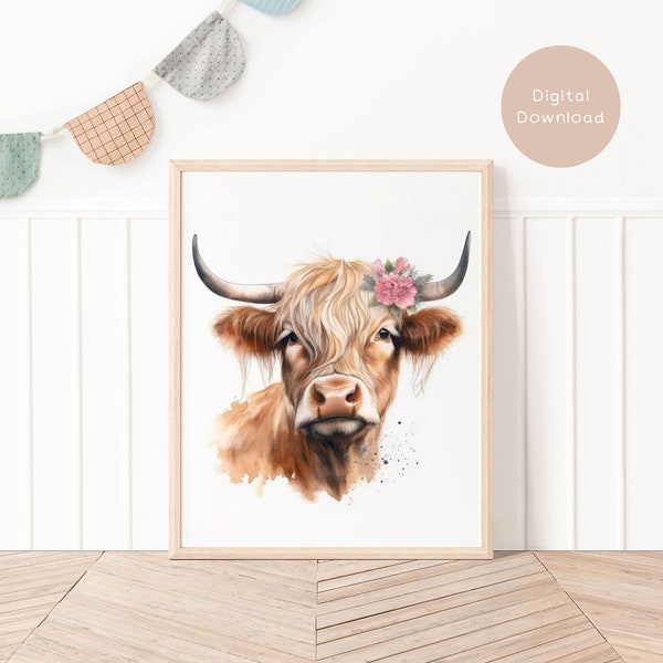 Highland Cow With Flower Crown Wall Poster, Flower Cow Print For Nursery Decor Artful Downloadable Decoration, Cute Animal Boho Nautical H1B