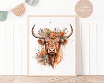 Highland Cow With Flower Crown Wall Poster, Flower Cow Print For Nursery Decor Artful Downloadable Decoration, Cute Animal Boho Nautical H1H