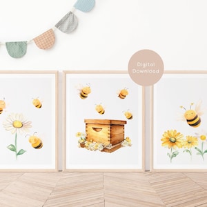 Bee Kinderzimmer Poster, 3er Set, süße Blumen Poster Digital Download Unisex Wand Kunst für Jungen Nautical Artful Art Decor B1