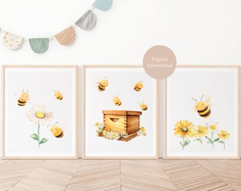 Impresiones de vivero de abejas, conjunto de 3, lindos carteles florales, descarga digital, arte de pared unisex para bebé niño, decoración artística artística náutica B1