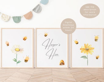 Personalized Name, Bee Nursery Prints, Set of 3, Cute Bee, Personal Gift, Digital Download Unisex Fun Wall Art For Baby Artful Art Decor PB1