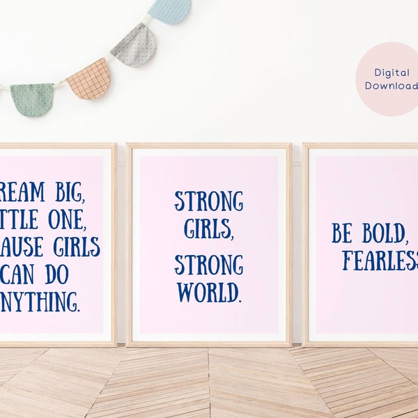 Powerful Girls, Feminist Nursery Prints, Set of 3, Feminism Posters, Digital Download, Wall Art For Baby Girl, Nautical Artful Ar Decor FE1