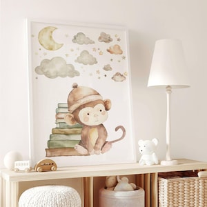 Affe Kinderzimmer Kunst, skurrile Bibliothek Poster, digitaler Download Unisex Wand Kunst Geschenk für Neugeborene Kinderzimmer Dekor niedliches Geschenk Kleinkind MK1