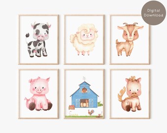 Farm Animal Nursery Prints, Set of 6 Watercolor, Barnyard Cow Goat Sheep Posters Digital Download Cute Unisex Wall Art For Baby Boy Decor F3