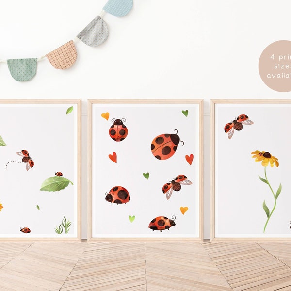 Ladybug Nursery Prints, Setof3 Bugs Insect poster, Digital Download, Unisex Wall Art For New-born Nursery Child Nautical Artful Art Decor L4