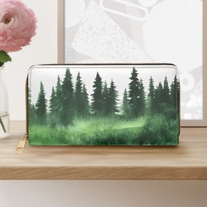 Diseño de bosque de cartera con cremallera / Cuero sintético libre de crueldad / Hermosas maderas de hoja perenne / Cartera única / Regalo perfecto para mujeres, hombres y adolescentes