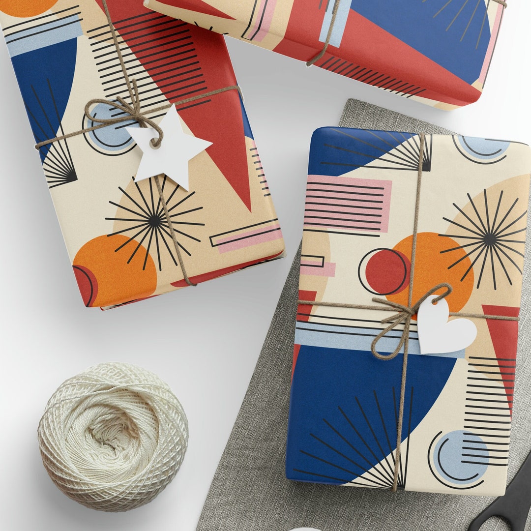 Abstract Mid Century Wrapping Paper Roll Retro Geometric Shapes Gift