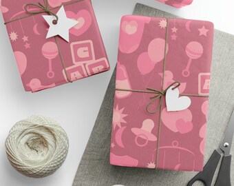 Baby Wrapping Paper Roll | Pink Baby Girl Gift Wrap | Baby Shower Gift Wrap | Cute Baby Icons | First Birthday Baby Gift Cute Modern Minimal